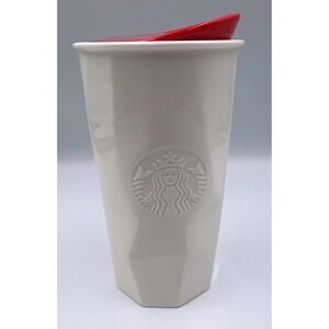 Starbucks Double Walled Ceramic Faceted Travel Mug 10 oz White with Red Lid 2013
